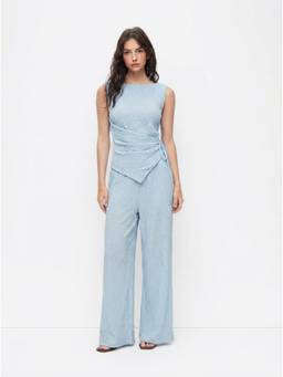 Cider - Textured Women's Boat Neck Asymmetrical Co-ord Set Sky Blue