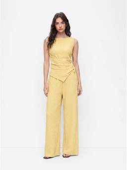 Cider - Textured Women's Boat Neck Asymmetrical Hem Co-ord Set Yellow