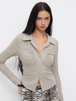 Cider - Textured Women's Ruched Collar Button-Down Shirt Grey