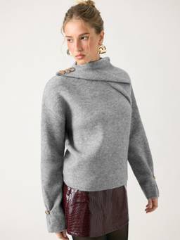 Cider - Knit Women's Oversized Asymmetrical Neck Top Grey