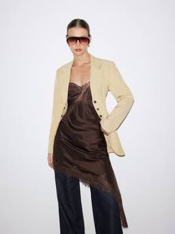 Cider - Collared Women's Cinched Waist Pocket Blazer Beige