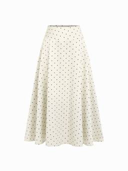 Cider - Satin Polka Dot Women’s Mid-Rise Flared Maxi Skirt Beige