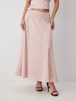 Cider - Satin Women's Polka Dot Mid-Rise Flared Maxi Skirt Pink