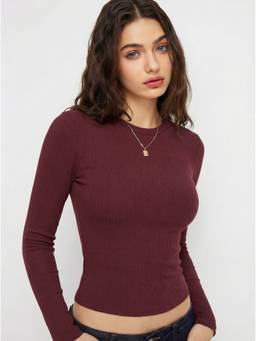 Cider - Cotton Blend Women Ribbed Round Neck Full Sleeve Top Wine