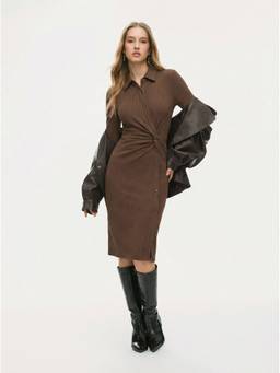 Cider - Jersey Collar Women's Twist Split Midi Dress Brown