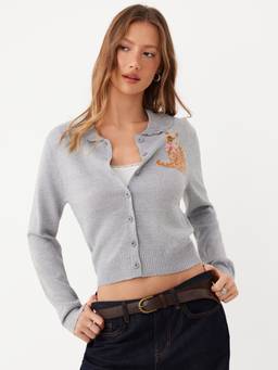 Cider - Knit Cat Graphic Women’s Button-Up Round Neck Cardigan Grey