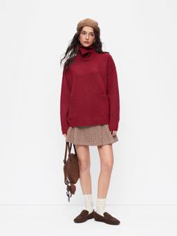Cider - Knit Wool-Blend Women's Oversized Funnel Neck Sweater Wine
