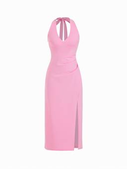 Cider - Halter Neck Women's Backless Ruched Bodycon Maxi Dress Pink