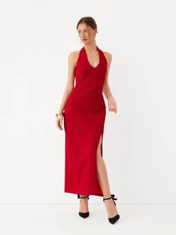 Cider - Ruched Women's Halter Neck Backless Bodycon Maxi Dress Red