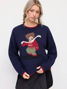 Cider - Knit Happy Bear Women’s Oversized Round Neck Sweater Navy Blue