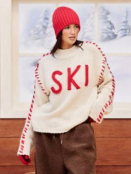Cider - Knit Women's Graphic Round Neck Oversized Top Cream