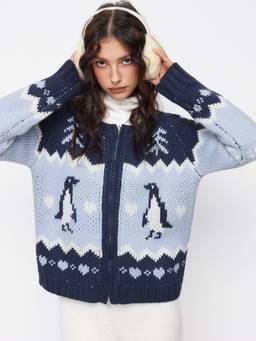 Cider - Knit Penguin Heart Women Zip-Through Oversized Cardigan Navy Blue