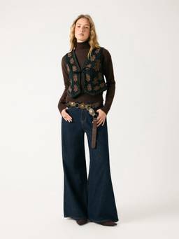 Cider - Embroidered Women's Tie-Front V-Neck Crop Waist Coat Black