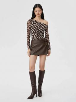 Cider - Mesh Women's Zebra Print Asymmetrical Neck Ruched Top Brown