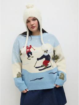 Cider - Knit Ski Graphic Women Oversized Round Neck Sweater Blue