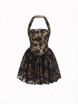 Cider - Floral Lace Women Halter Neck Ruffled Flared Mini Dress Black