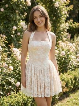Cider - Floral Lace Women Ruffled Halter Neck Flared Mini Dress Cream