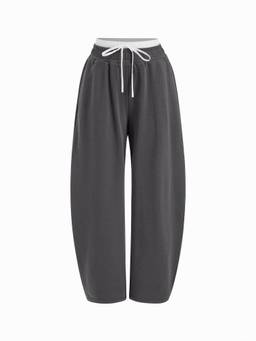 Cider - Cotton-Blend Women Mid-Waist Drawstring Barrel-Leg Trousers Grey