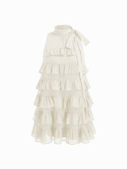Cider - Stand Collar Women's Ruffled Bow Tiered Mini Dress Cream