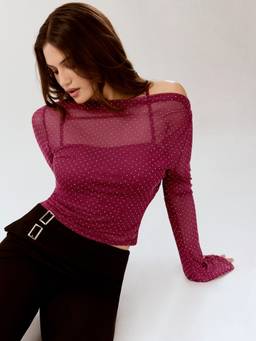 Cider - Sheer Rhinestone Women’s Long Sleeve Top Set Wine