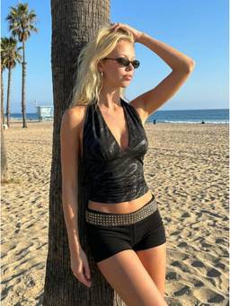 Cider - Mesh Women's Ruched Halter Neck Crop Top Black