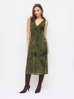 Cider - Mesh Women's Floral V-Neck Flared Midi Dress Olive