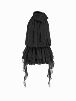Cider - Chiffon Women's Halter Neck Ruffled Ruched Mini Dress Black