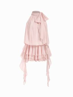 Cider - Chiffon Women's Halter Neck Ruffled Ruched Mini Dress Pink