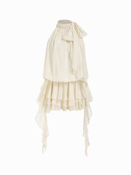 Cider - Chiffon Women's Halter Neck Ruffled Ruched Mini Dress White
