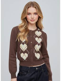 Cider - Knit Argyle Heart Women's Button-Up Cardigan Brown