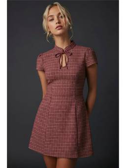 Cider - Cotton Blend Women Checks Cut-Out Bow Puff Sleeve Mini Dress Wine