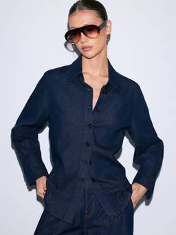 Cider - Denim Collar Women's Solid Button-Down Blouse Dark Navy
