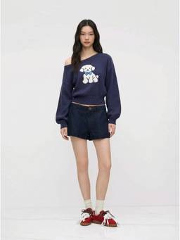 Cider - Dog Graphic Women's Asymmetrical Neck Knit Top Navy Blue