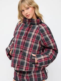 Cider - Plaid Women's Stand Collar Drawstring Puffer Jacket Navy Blue