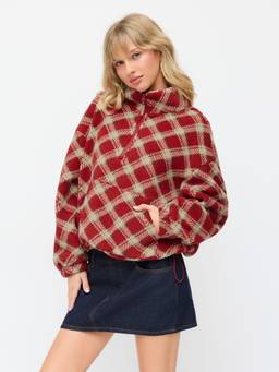 Cider - Flannel Women's Oversized Half-Zip High Neck Sweatshirt Red