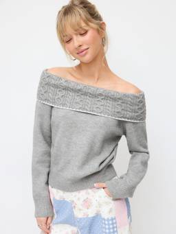 Cider - Cable Knit Women Off-Shoulder Full Sleeve Top Grey