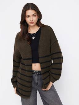 Cider - Knit Women's Oversized V-Neck Striped Cardigan Olive Green