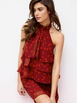 Cider - Cherry Graphic Women Ruffled Halter Neck Blouse Wine