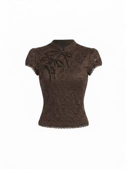 Cider - Lace Floral Women Bow Tie-Up High Neck Top Brown