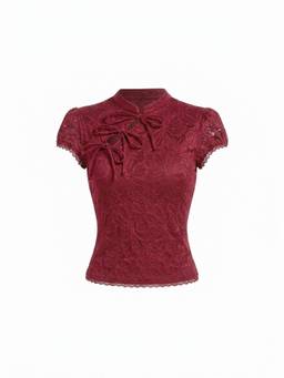 Cider - Lace Floral Women Tie-Up High Neck Top Burgundy