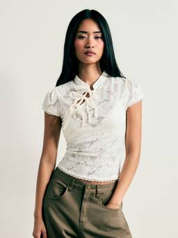 Cider - Lace Floral Women Tie-Up Neck Short Sleeve Top Cream