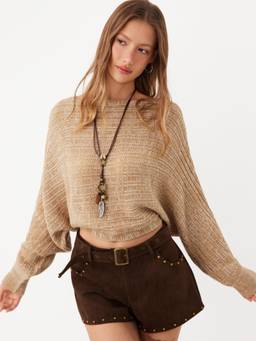 Cider - Knit Women's Boat Neck Lace-Up Batwing Sleeve Crop Top Khaki