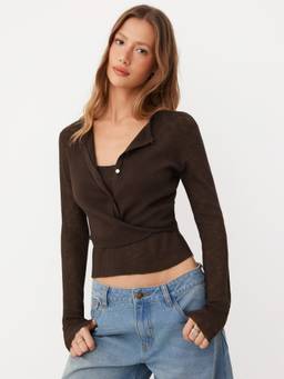 Cider - Knit Women's Ruched Tie-Back Round Neck Top Coffee