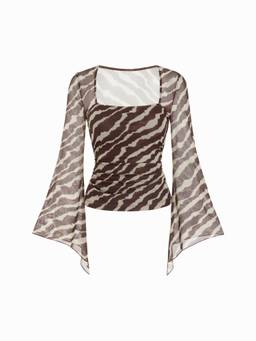Cider - Chiffon Leopard Women's Square Neck Bell Sleeve Top Brown