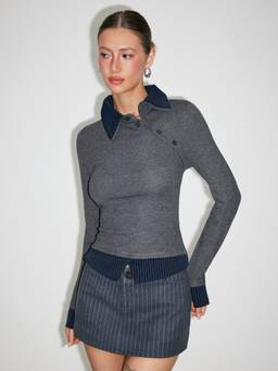 Cider - Two-Tone Women's Asymmetrical Collar Neck Shirt Grey