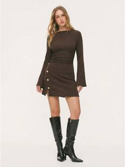 Cider - Women's Ruched Bell Sleeve Split Mini Dress Coffee