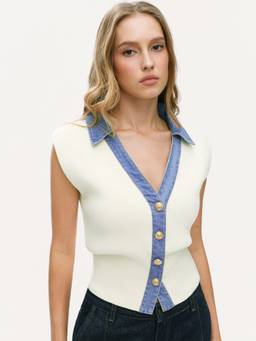 Cider - Knit Denim Women's Sleeveless V-Neck Button Vest Beige