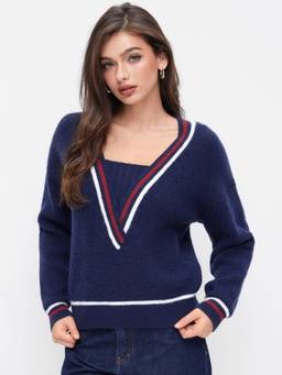 Cider - Striped Trim Women V-Neck Oversized Knit Top Navy Blue