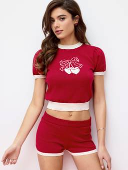 Cider - Knit Heart Cherry Women's Graphic Puff Sleeve Short Set Red