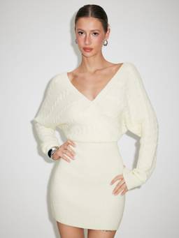 Cider - Cable Knit Women V-Neck Straight Mini Dress White